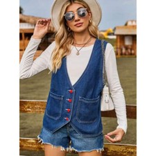 Pocketed Button Up Sleeveless Denim Jacket