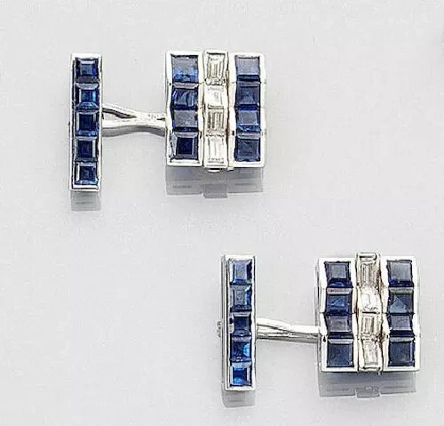 2.25 CT fancy Baguette Cut CZ & Sapphire Men's Cufflink in 925 Sterling Silver. - Picture 1 of 2