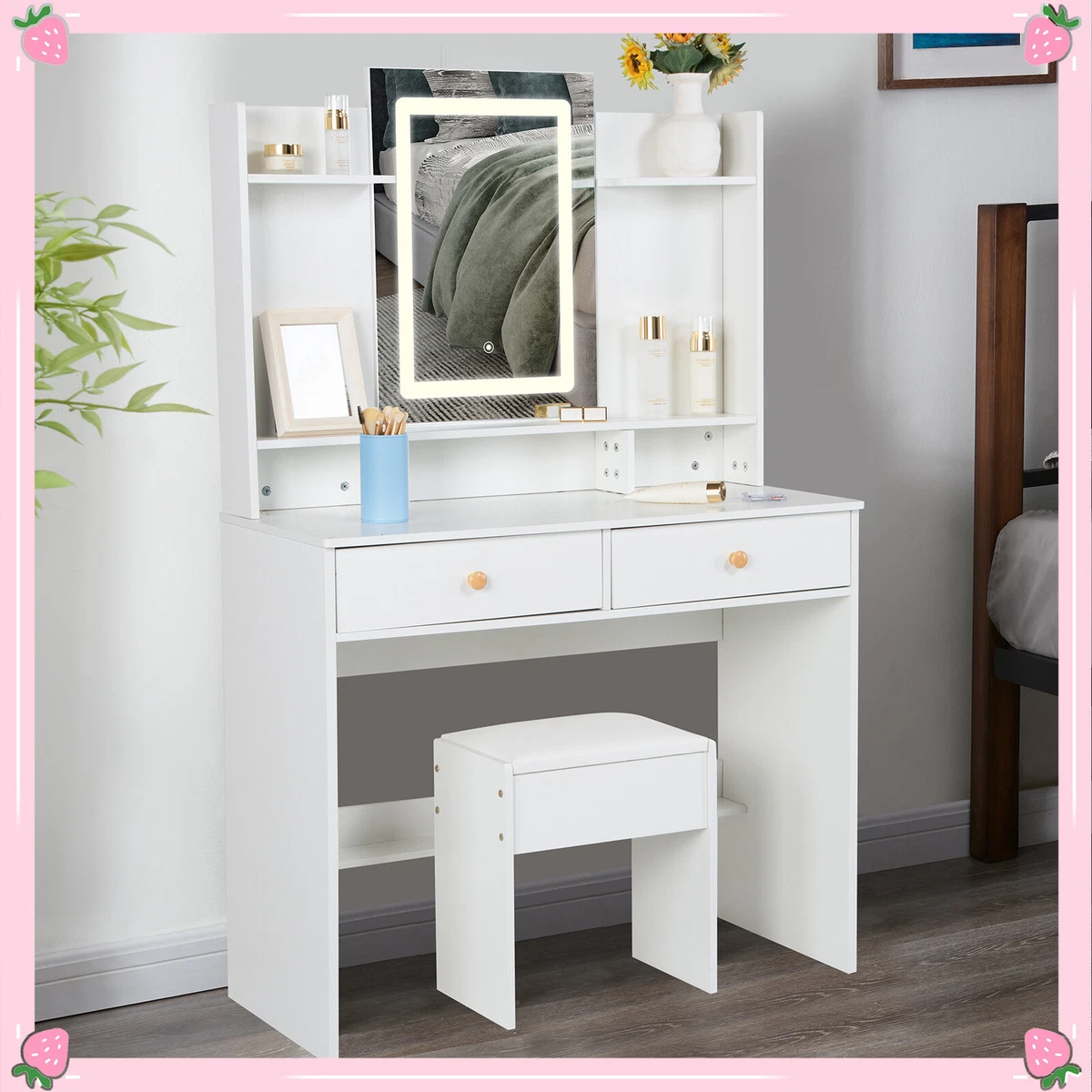 Modern MakeUp Dressing Table Set w LED Lighted Mirror And Stool New Vanity Desk