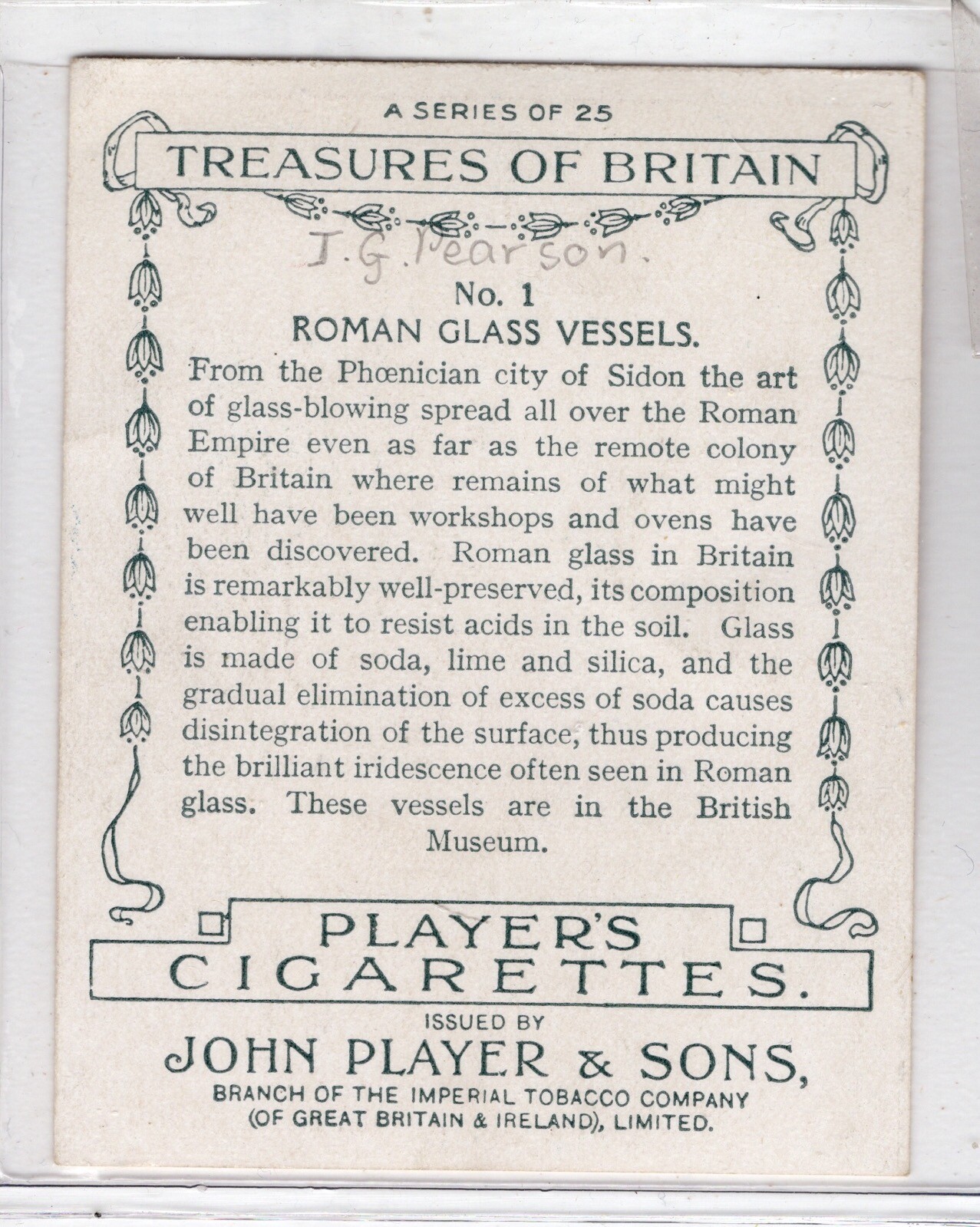 Treasures of Britain cigarette card 1931 01 Roman Glass Vessels Sidon