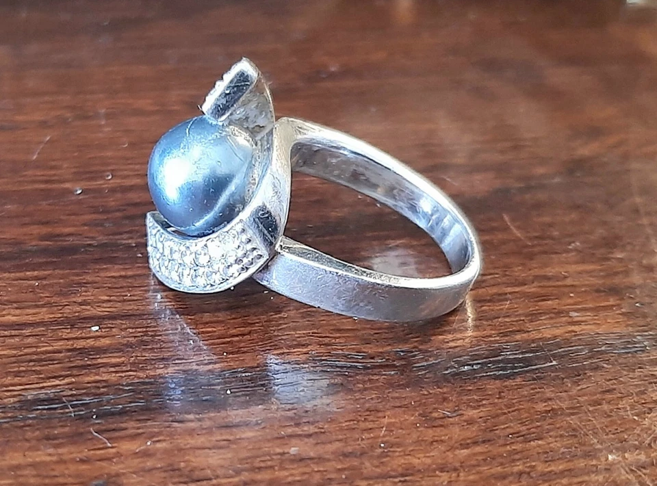 Anello -Argento- Perla Nera Di Tahiti-E Cristalli - Vintage - Immagine 2 di 4