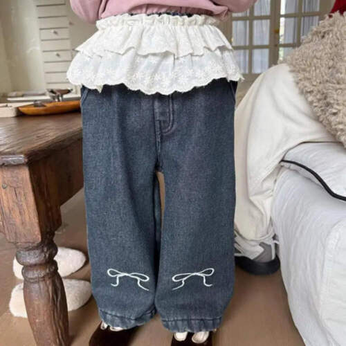 Children Fleece Denim Girls Bow Embroidery Straight Jeans Plus Velvet Thick Kids