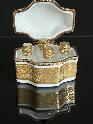 LIMOGES Hand Paint sign.  Porzellan Parfüm Box Dose Schatulle für 4 Fläschchen