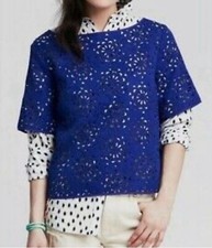 Banana Republic Blue Eyelet Laser Cut Crop Top Blouse Sz S