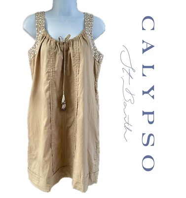 NEW $298 Almond CALYPSO ST BARTH Floral Beaded Tunic Shift Sun Dress Small S-M