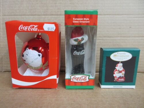 Vintage 3 Pieces Coca Cola Bottle Polar Bear Santa Glass Christmas Ornaments F