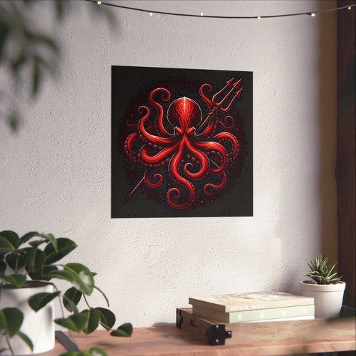 Matte Square Poster Wall Art Octopus Blood Red Black Trident Kraken Nautical - Picture 28 of 50