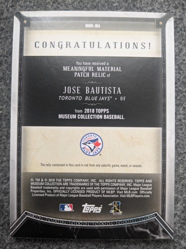 2018 TOPPS MUSEUM COLLECTION JOSE BAUTISTA MEANINGFUL MATERIAL PATCH RED#D08/10 - Picture 2 of 2