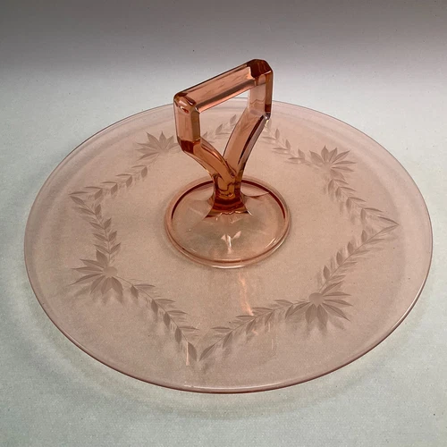 Pink Depression Glass Etched Serving Dish 10 1/4" with Handle