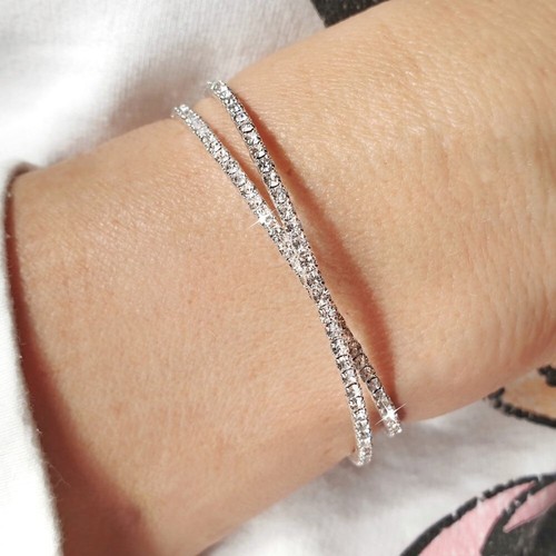Silver Zirconia Crystal Cuff Bracelet Crystal Tennis Bangle Bridal Wedding Gift - Picture 2 of 10