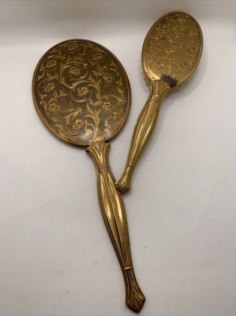Vintage Vanity Copper, Gold Color Hand Mirror & Brush Set Flowers