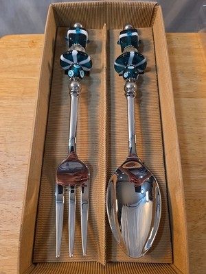 Carson Art Glass Lampwork Bead Handle Serving Fork Spoon Set NIB Teal