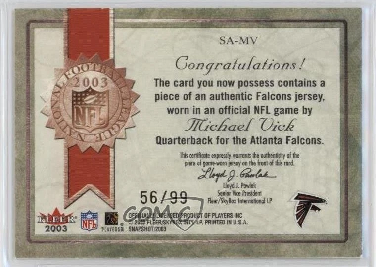 2003 Fleer Snapshot Seal of Approval Jerseys Gold /99 Michael Vick #SA-MV - Image 2 of 2