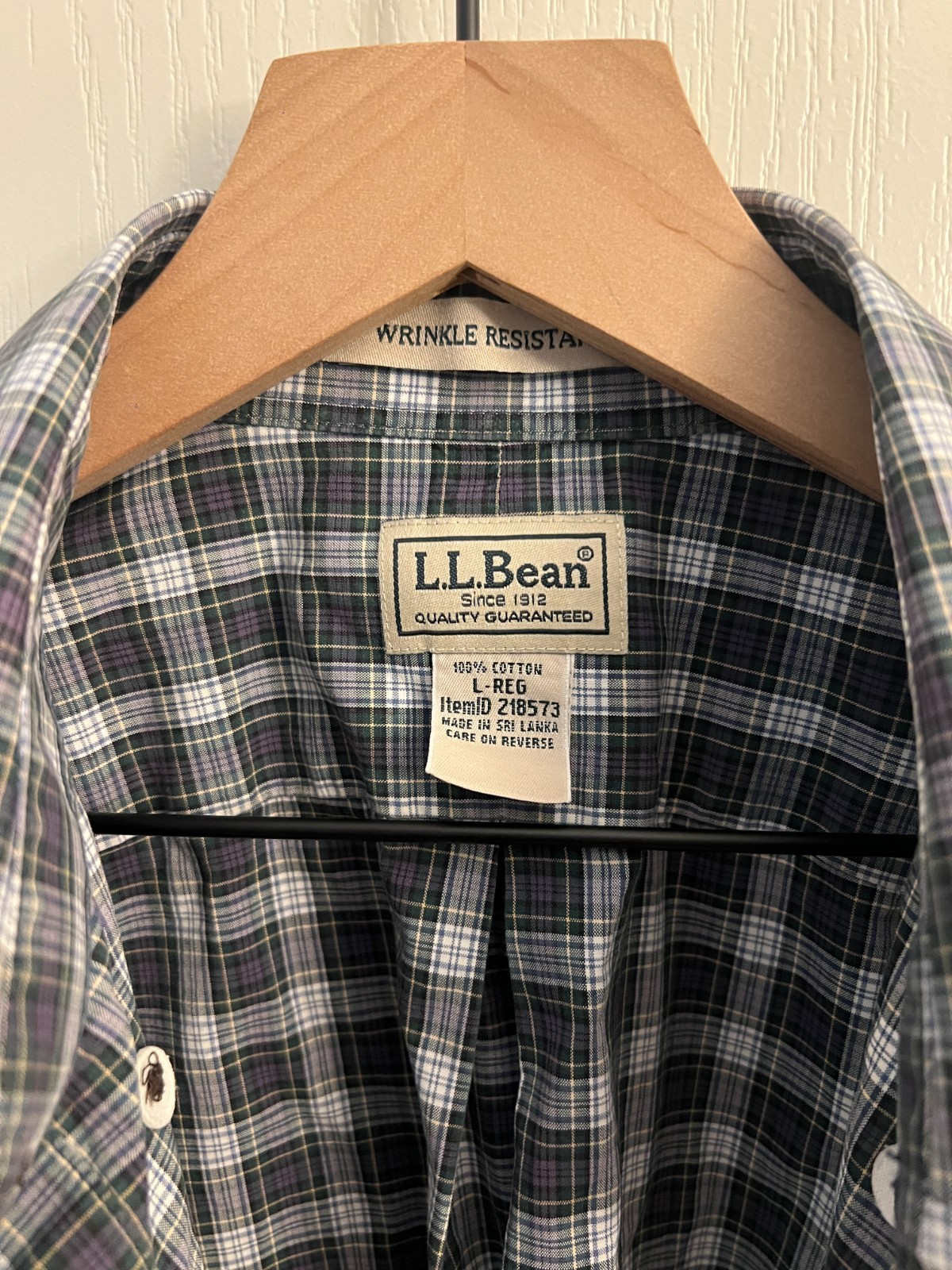 LL Bean Mens Classic Vintage Plaid Purple/Green/White Button Long Sleeve - Large