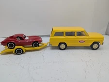 Tonka 1960s Mini Jeep Cherokee w Car Trailer & 63 Corvette VTG pressed steel