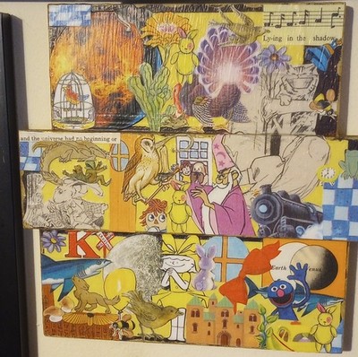 Handmade Collage Art Wall Plaques Fantasy Nature Cartoon Grover Multicolor Wood