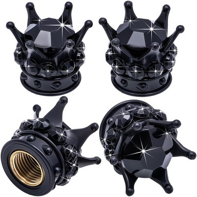 MEAJOO 4PCS Crown Bling Tire Stem Valve Caps, 15mm x 13mm, Black & 