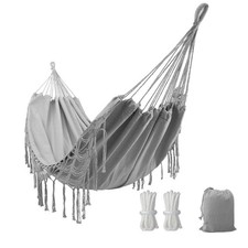 Double Boho Macrame Hammock with Elegant Tassels for Patio, Yard, Beach Grey