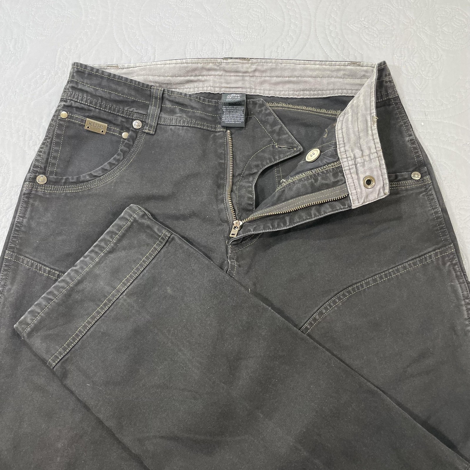 Kuhl Double Knee Canvas Work Pants Mens 32x34 Black Vintage Patina Dye Outdoor Durable