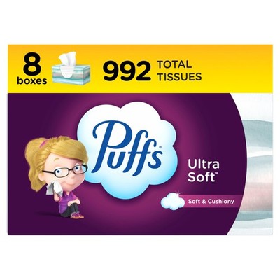 Puffs Ultra Soft Non-Lotion Facial Tissue, 8 124 Count (Pack of 8), White 