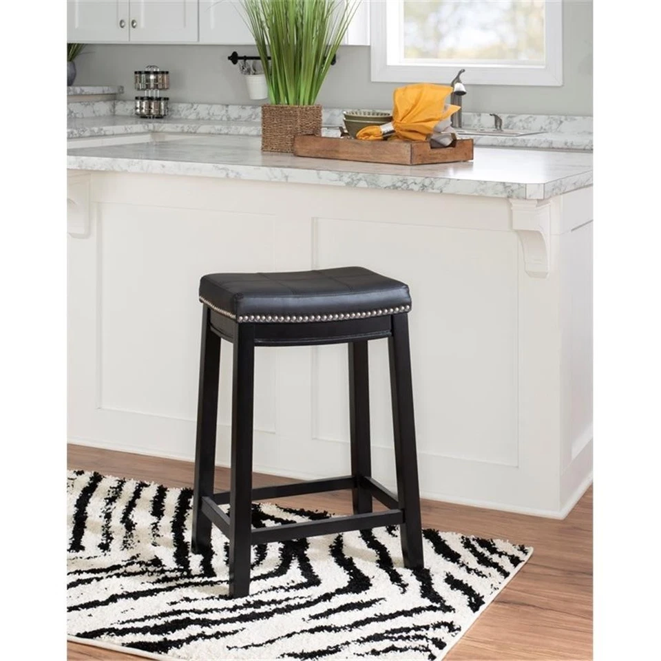 Linon Claridge Backless Counter Stool Nailhead Trim Faux Leather in Black Wood - Image 2 of 4