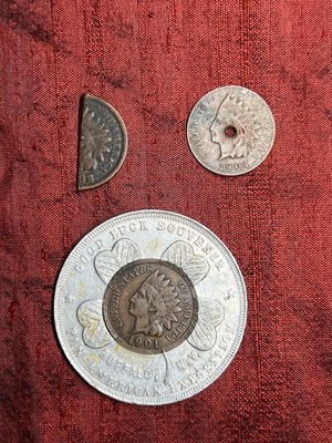 Lot of 3 1/2  Indian Head Coins, holed, cut, Buffalo NY Encased, & classic 1904