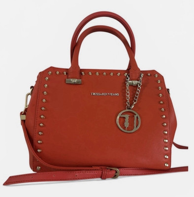 Trussardi Jeans Red Studded Satchel Top Handle Bag, Zip, Detachable Strap Charm