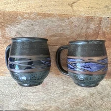 3 Vintage Japan Potbelly Coffee Mugs Mottled Glaze Stoneware Textured MCM