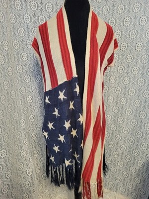 rue21 American Flag Knit Fringe Cardigan Vest Women Size Medium M 4th of July
