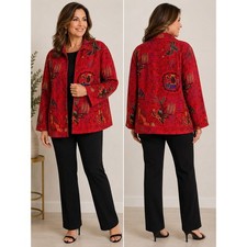 Chicos Design Red Silk Embroidered Art Jacket Womens Size 2 Large Vintage Style
