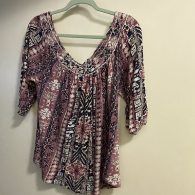 Lucky Brand M Medium Womens Top Blouse Off The Shoulder Boho Pink Blue Peasant