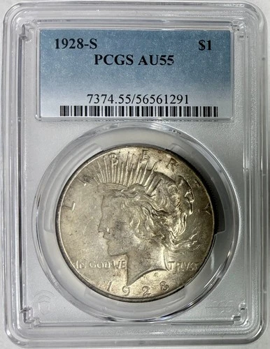 1928-S Silver Peace Dollar, PCGS AU-55, Scarce Date!