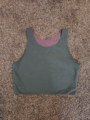 Una Pluma Organic Cotton Reversible Crop Top High Neck Racerback L Green Purple