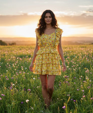 NWT LoveShackFancy Phyllis Mini in Sunbath Yellow Floral Tiered Cotton Dress S