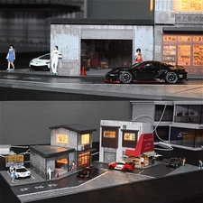 Diorama 1/64 Garage Model Set LED Japanese Parking Lot Model Car Display Case US