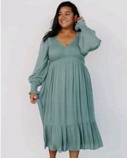 Baltic Born Lainey Smocked Dotted Swiss Midi Dress 2XL Sage Green Boho Festival