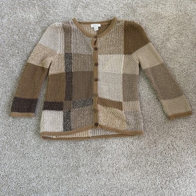 Christopher & Banks Cardigan Sweater Womens Medium Brown Geometric Open Knit