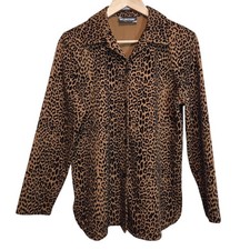 Vintage 90s Leopard Velvet Burnout Top Size Small Brown Retro Button Up USA Made
