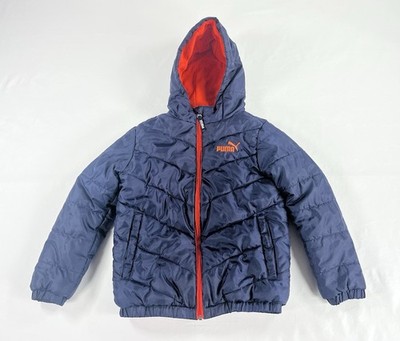 Puma Boys Puffer Jacket Size Small 8 Navy Blue Orange Fleece Lined Hooded Coat