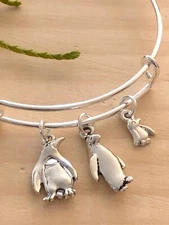 Penguin Family Cutest Silver charms Expandable Bangle Bracelet