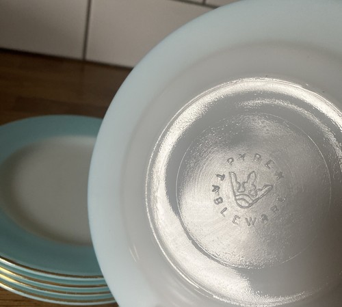 Pyrex Turquoise Blue Band 5pc Bread or Salad Plates 6.5" Vintage milk glass MCM - Picture 16 of 16
