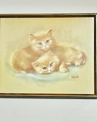Vintage Sherle Museum Print Big Eyed Tabby Kittens 21 X 17  Frame No Glass EUC