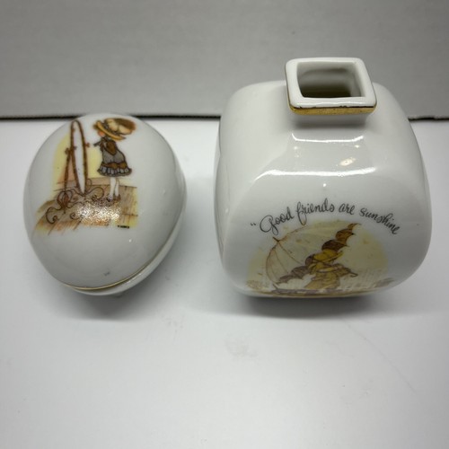 Holly Hobbie Bud Vase and Egg Shaped Trinket Box 1978 Cute Vintage 2 Piece Set