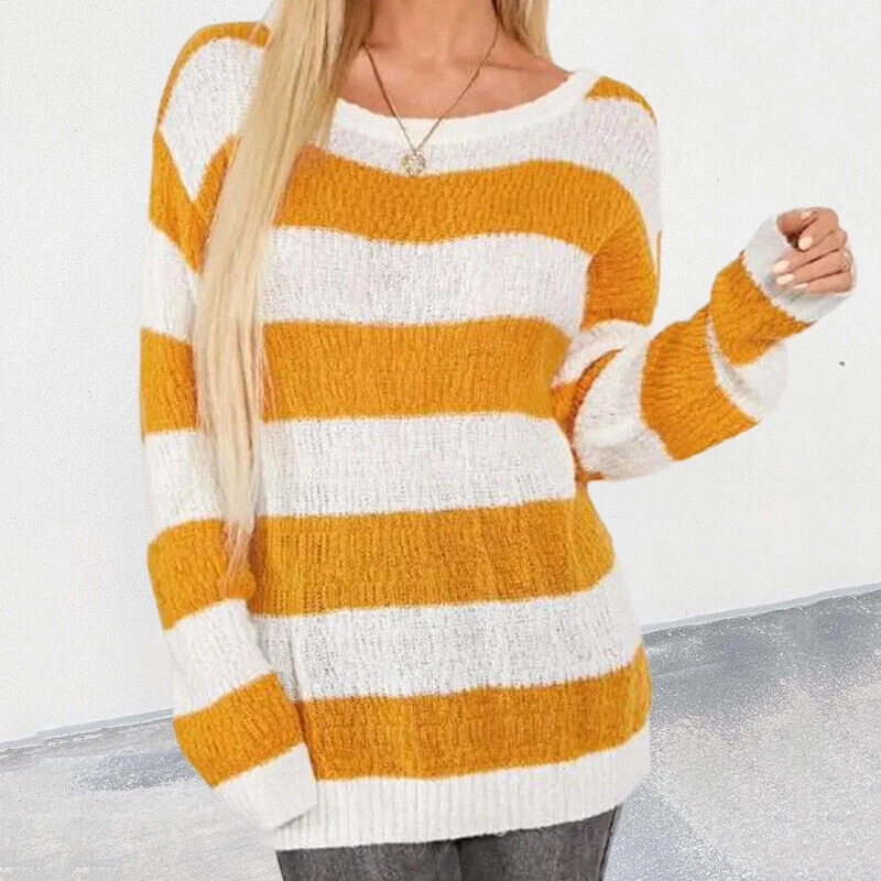 Nuevo Suéter a Rayas Cuello Redondo Manga Larga Tejido Top Moda Para Mujer Suéter Foto 2 de 4