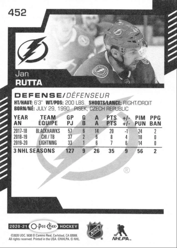 2020-21 O-Pee-Chee Jan Rutta Tampa Bay Lightning #452 - Image 2 of 2