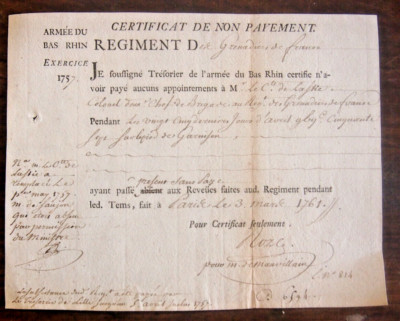 1761 REGIMENT DES GRENADIERS DE FRANCE certificate for Colonel de Lassie