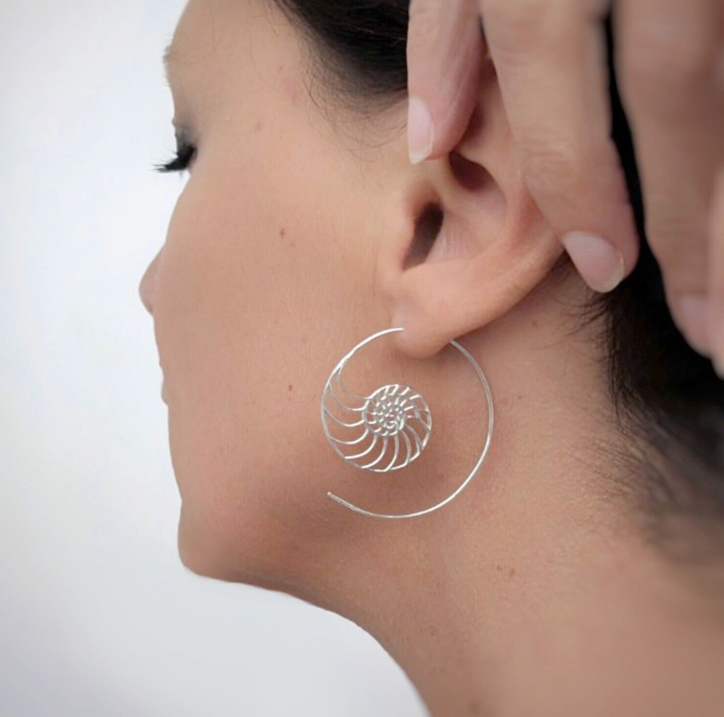 Sterling silver ammonite spiral earrings with Fibonacci Nautilus design