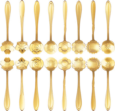 16 Pcs Teaspoon Gold Tea Spoons Decorative Flowers Coffee Dessert Spoon (B52)