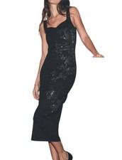 ZARA Womens Small Shimmer Floral Beaded Knit Midi Dress Black Sleeveless NWT