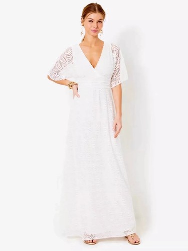 Lilly Pulitzer Parigi Elbow Sleeve Dress Sz M Resort White Scalloped Shell Lace